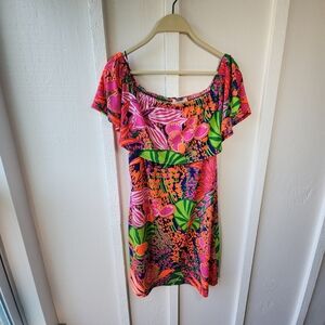 Trina Turk Colorful Floral Dress Ruffle Vibrant Off-Shoulder Size Large